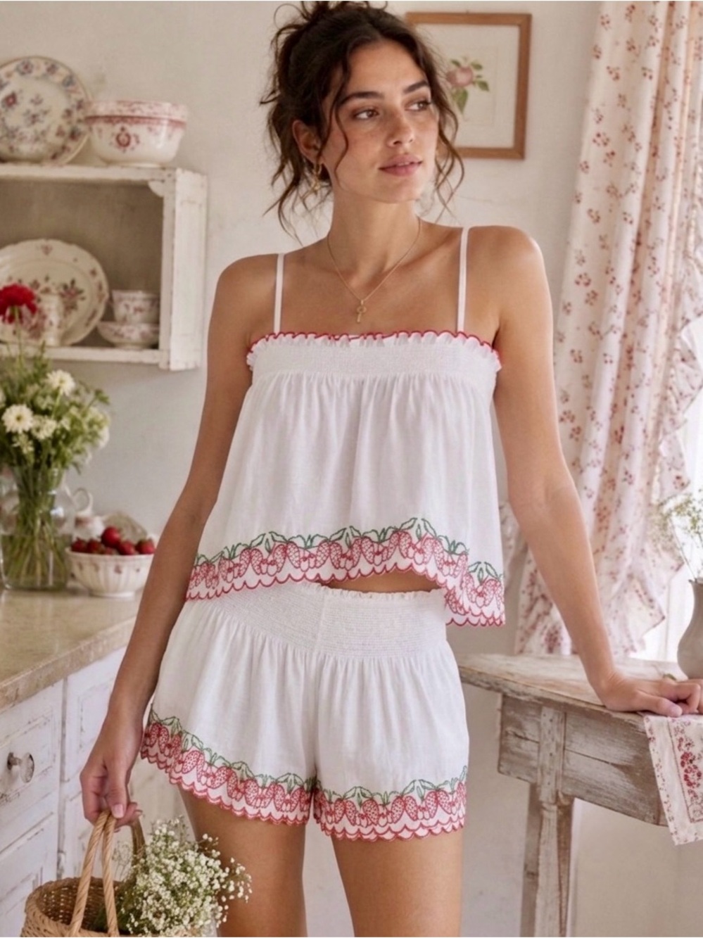 Joie Strawberry 🍓 Embroidered Cotton 2 Piece Sleep Set